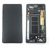 A disassembled smartphone displays a high-quality replacement screen on the left and internal components including circuits, connectors, and battery compartment on the right. This Screen Samsung Note 9 Service Pack – Black by Cirrus-link is compatible with the Samsung Note 9, ensuring a seamless screen replacement.
