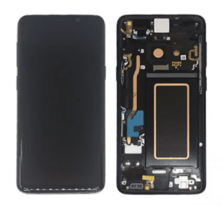 A Cirrus-link Screen Samsung S9 Service Pack – Purple with the screen turned off is placed next to the phone’s open back panel, revealing its internal components and the replacement screen from a Service Pack.