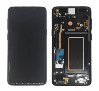 A smartphone with its back cover removed, displaying internal components like the battery, circuitry, and connectors, next to a Cirrus-link Screen Samsung S9 Service Pack – Purple ready for installation.