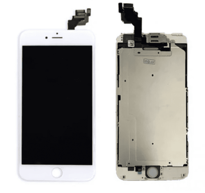 A Cirrus-link Screen iPhone 6 Plus (White) Compatible LCD Touch Digitiser High Brightness Screen (After Market) on the left and its separated internal components on the right, both featuring attached flex cables.