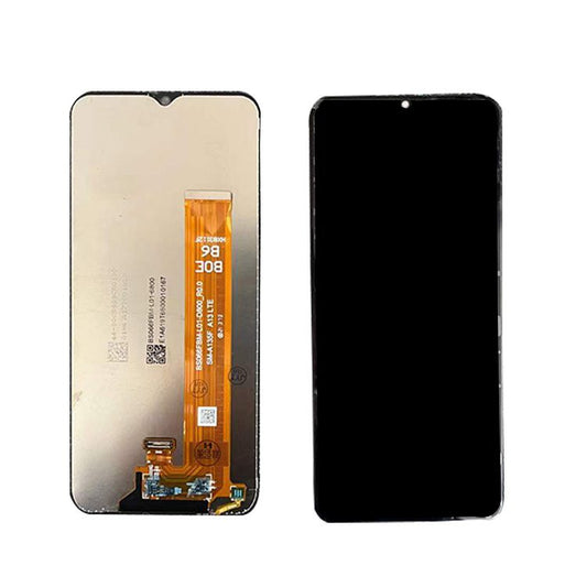 Two mobile phone displays: one, a Cirrus-link Screen Samsung A13 5G A136 Service Pack Black, showing its internal components, including a ribbon cable, and the other with a black screen awaiting its replacement screen.