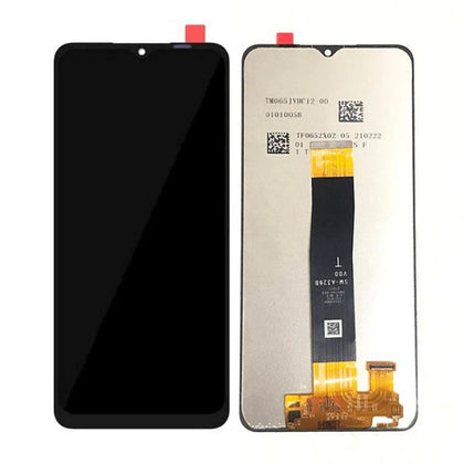 Two mobile phone display screens side by side: left is the front view showing the black touchscreen of the Cirrus-link Screen Samsung A23 4G A235 Service Pack Black, and the right is the back view revealing the connector and identifying components essential for a screen replacement.