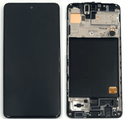 A Cirrus-link Screen Samsung A51 5G A516 Service Pack with its high-quality replacement screen disassembled, revealing internal components such as the battery and motherboard.