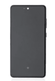 Front view of a black smartphone with a large screen, a small front-facing camera at the top center, and minimal bezels. The volume and power buttons are visible on the right side of the device. For optimal performance, consider using a genuine screen replacement from the Cirrus-link Screen Samsung A52/A52s Service Pack.