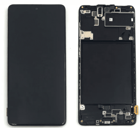 A Cirrus-link Screen Samsung A71 4G A715 Service Pack – Black disassembled, showing the front screen on the left and the internal components including the battery on the right. The replacement screen is part of a service pack for easy installation.