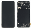 A Cirrus-link Screen Samsung A71 4G A715 Service Pack – Black disassembled, showing the front screen on the left and the internal components including the battery on the right. The replacement screen is part of a service pack for easy installation.