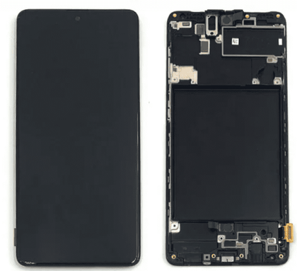 A disassembled Screen Samsung A71 4G A715 Service Pack – Black by Cirrus-link reveals its screen on the left and the intricate internal components on the right, showcasing circuitry and the battery compartment, perfect for those looking for a replacement screen.
