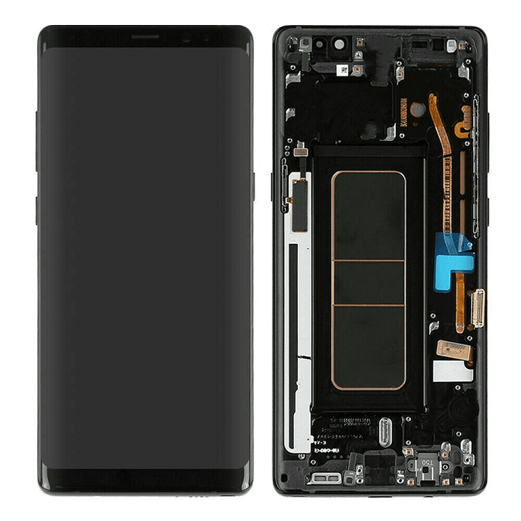 A Screen Samsung Note 8 Service Pack – Grey by Cirrus-link with the screen turned off is displayed next to its back cover removed, showcasing internal components and circuitry—perfect for highlighting Cirrus-link service pack repairs.