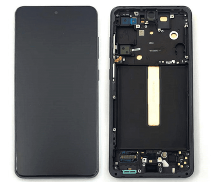 An opened smartphone with its screen on the left and internal components exposed on the right, showcasing a high-quality Cirrus-link Screen Samsung S21FE Service Pack – Grey replacement screen.