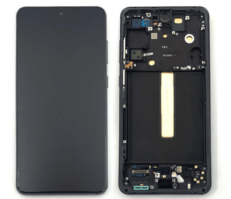 Two smartphones are shown, one fully assembled on the left and another disassembled on the right, revealing its internal components including circuits and a battery space. The display showcases a high-quality service pack for the Cirrus-link Screen Samsung S21FE Service Pack – Grey replacement screen.