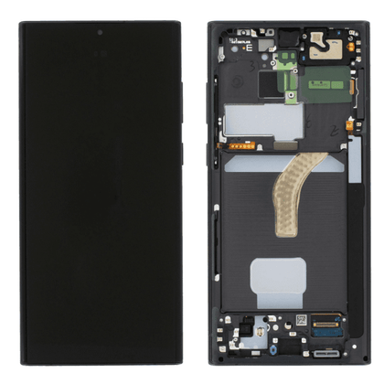 A smartphone is pictured in two parts: the front display on the left and the internal components and circuitry on the right, showcasing a Cirrus-link Screen Samsung S22 Service Pack – Grey made from durable materials.