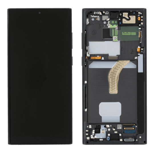 The image shows a Cirrus-link Screen Samsung S22 Plus Service Pack – White (Silver) with its back panel separated, revealing internal components such as the battery, circuit board, and connectors.