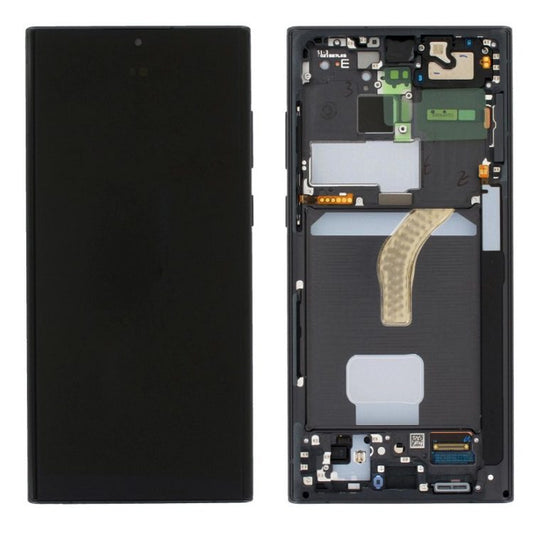 Two views of the Cirrus-link Screen Samsung S22 Ultra Service Pack – White: front screen off (left) and rear with back cover removed (right), showing internals—perfect for repair or replacement needs.