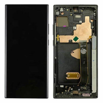 A smartphone is shown disassembled, featuring a Screen Samsung Note 20 Ultra Service Pack Silver on the left and internal components, including circuit boards and battery, displayed on the right. This setup highlights the intricacies involved in a Cirrus-link Samsung Note 20 Ultra repair.