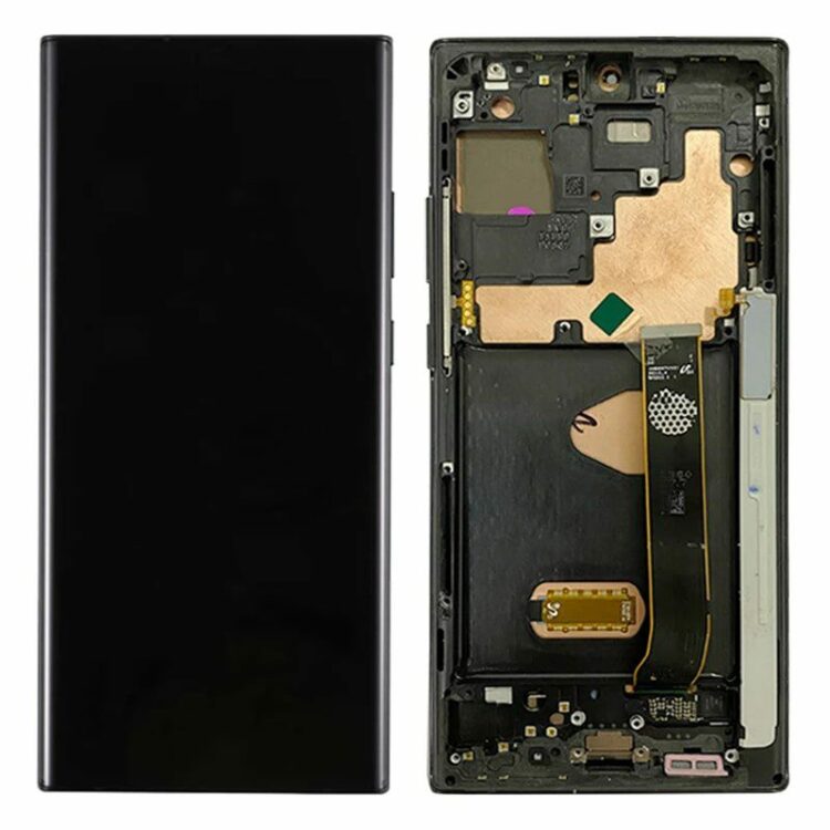 A Cirrus-link Screen Samsung Note 20 Ultra Service Pack Silver is shown in a disassembled view with the front screen on the left and internal components, including the battery and circuitry, on the right. This setup highlights a detailed perspective for anyone interested in Note 20 Ultra screen replacement or repair.