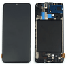 Two mobile phone screen assemblies: one complete on the left and the other showing internal components and connectors from a replacement Cirrus-link Screen Samsung A70 Service Pack – Black on the right.