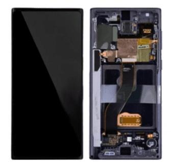 A disassembled smartphone showing the front screen and the internal components side by side, highlighting a Cirrus-link Screen Samsung Note 10 Service Pack – Black screen replacement using a high-quality replacement screen.