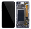 A Cirrus-link Screen Samsung S10 5G Service Pack – Black with the screen turned off is shown next to another one with the back cover removed, revealing internal components and illustrating the detailed steps for a screen replacement using a service pack.