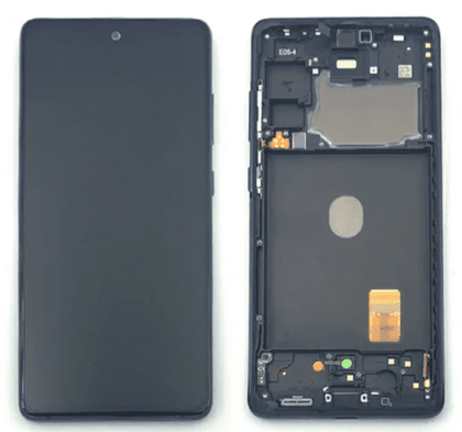 A disassembled Cirrus-link Screen Samsung S20FE G780F Service Pack – Mint smartphone showing the mint screen on the left and the internal components on the right. Perfect for a high-quality replacement screen.