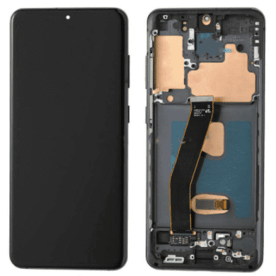 A smartphone is shown with its screen removed, revealing internal components including a ribbon cable and circuit board; illustrating the intricate process of Cirrus-link Screen Samsung S20 Service Pack – White (Silver) repair.