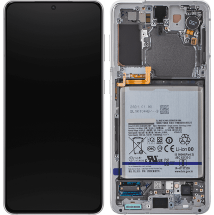 Image of a Cirrus-link Screen Samsung S21 Plus Service Pack – Silver. The left side shows the front display, while the right side reveals the internal components, including the battery and circuit boards. Perfect for visualizing screen replacement or identifying parts in a Service Pack.