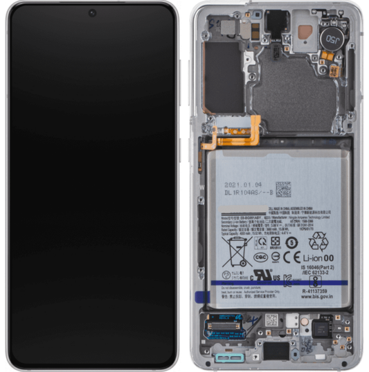 A Screen Samsung S21 Plus Service Pack – Black Cirrus-link with the back cover removed, exposing the internal components, battery, and circuitry on the right side. The left side features the front of the phone with the screen turned off.