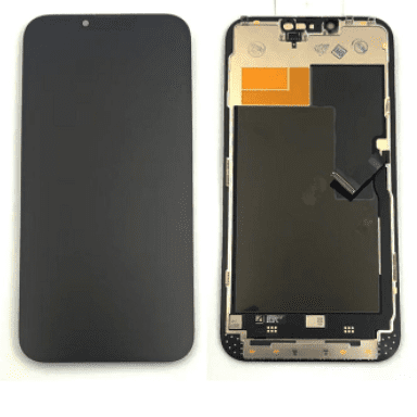 Two smartphone screens are shown: the left one displays the front of an iPhone 13 Pro Max, while the right one reveals the interior components of a Cirrus-link Screen iPhone 13 pro Max LCD Ori.