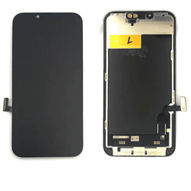 A broken iPhone 13 screen and its back components are shown side by side on a white background, perfect for anyone needing a Cirrus-link Screen iPhone 13 LCD Ori.