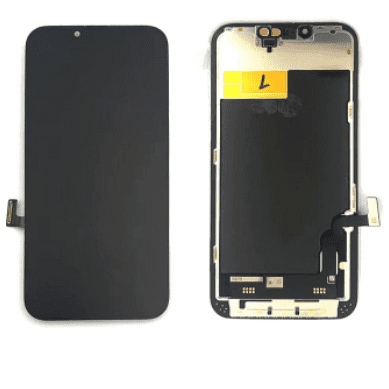 A front and back view of a disassembled iPhone 13 screen, featuring the Cirrus-link Screen iPhone 13 LCD Ori display on the left and internal components on the right.