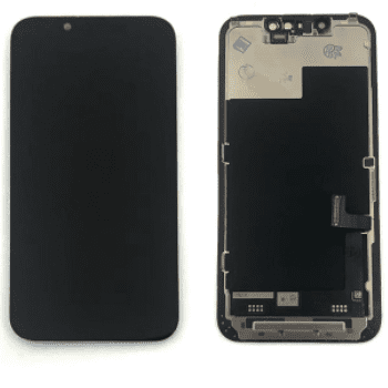 Two smartphone components: a black front screen on the left, possibly a replacement screen for the Cirrus-link Screen iPhone 13 mini Ori, and a disassembled internal component with various connectors and circuitry on the right.