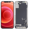 A Cirrus-link Screen iPhone 12 mini LCD (5.4 inch) Compatible LCD Touch Digitiser Screen (RJ Incell) with a red and pink circular design on the screen is shown next to its disassembled front panel, revealing internal components, including an LCD touch digitizer.