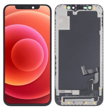 A smartphone with a pink and red screen beside a disassembled back panel showing internal components, highlighting a Cirrus-link Screen iPhone 12 mini LCD (5.4 inch) Compatible LCD Touch Digitiser Screen (RJ Incell) replacement.