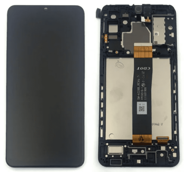 A smartphone screen and its disassembled internal components, showcasing a genuine Cirrus-link Screen Samsung A32 5G A326 Service Pack – Black for a Samsung A32 5G screen replacement, are displayed side by side on a white background.