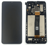 A smartphone screen and its disassembled internal components, showcasing a genuine Cirrus-link Screen Samsung A32 5G A326 Service Pack – Black for a Samsung A32 5G screen replacement, are displayed side by side on a white background.