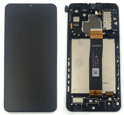 A disassembled smartphone with the display on the left and the internal components, including circuitry and connectors, on the right, shows a genuine Cirrus-link Screen Samsung A32 5G A326 Service Pack – Black for a Samsung A32 5G screen replacement using high-quality materials.