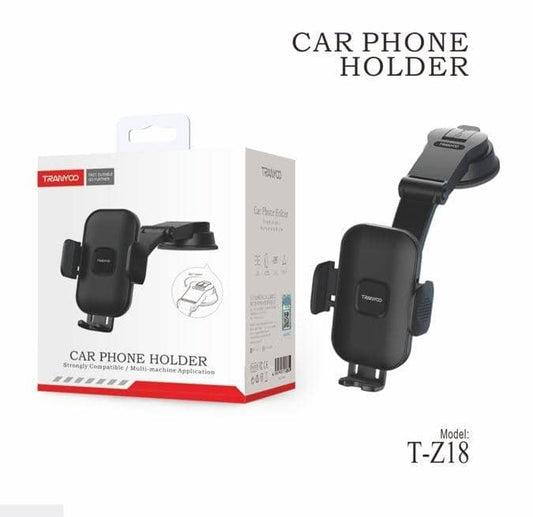 Image showcasing the Tranyoo TRANYOO T-Z18 Windshield/Dashboard Phone Mount Holder with Strong Suction Cup and Telescopic Arm Design both in its packaging and out. The product features a robust suction cup mount for attachment to car surfaces, making it an ideal dashboard or windshield phone mount.