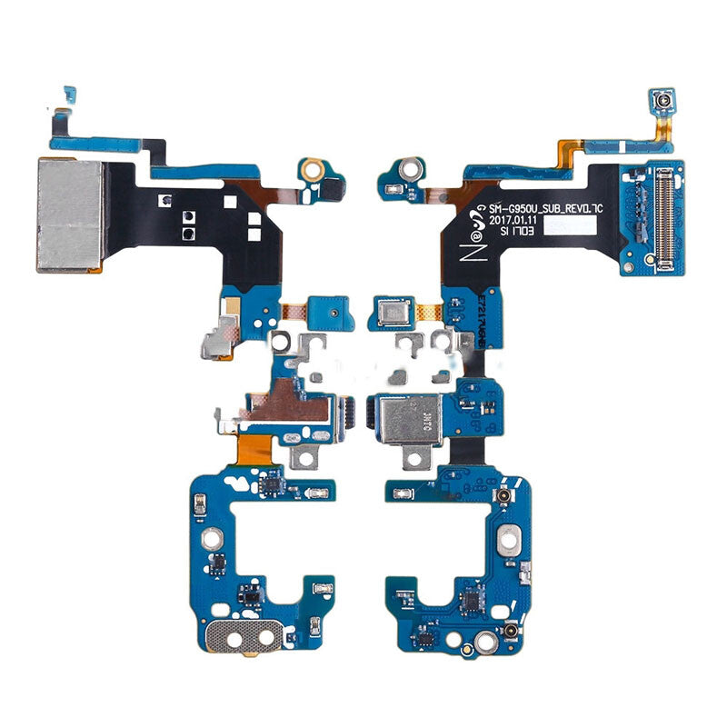 An OG Charging Port Flex Cable for the Samsung Galaxy S8 G950U, featuring blue and orange circuit board components, connectors, and integrated circuits.