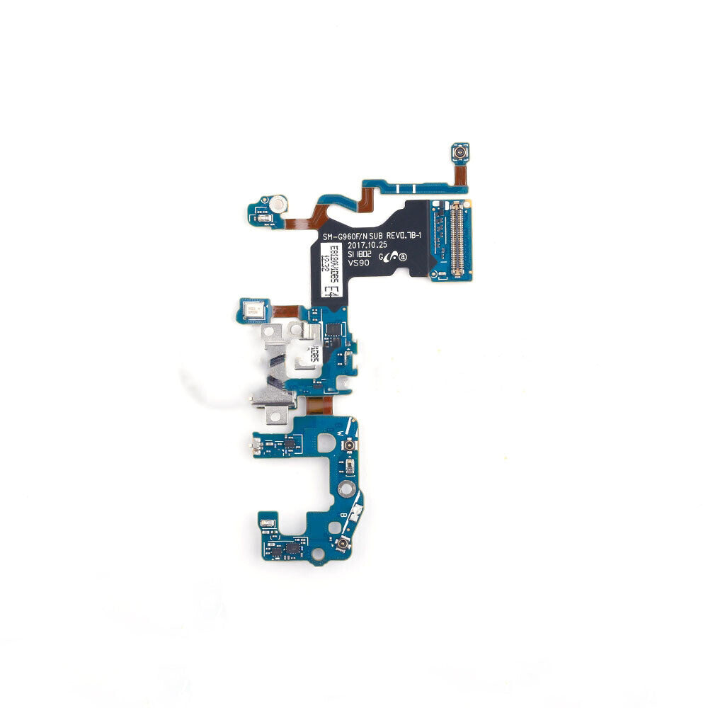 A small blue circuit board with various electronic components, including chips and connectors, designed for OEM quality. Ideal as a Charging Port Board for the Samsung Galaxy S9 G960F by OG, set against a clean white background.