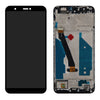 The image shows the front view of a Display Assembly With Frame For Huawei P Smart 2018 (OEM Material) (Black) by OG with a black screen next to its back panel open, revealing the inner hardware components and display assembly.