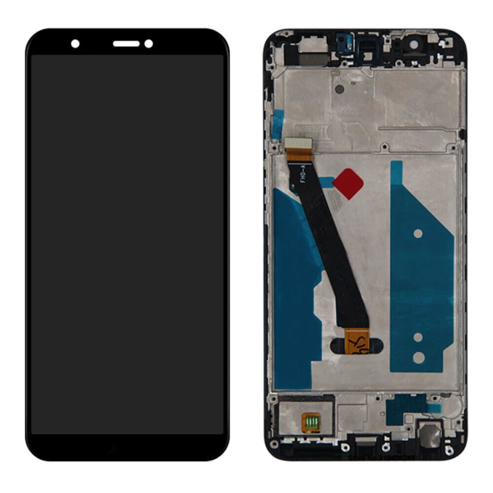 Front and back view of a disassembled Display Assembly With Frame For Huawei P Smart 2018, showcasing the OG display assembly on the left and internal components and connectors on the right.