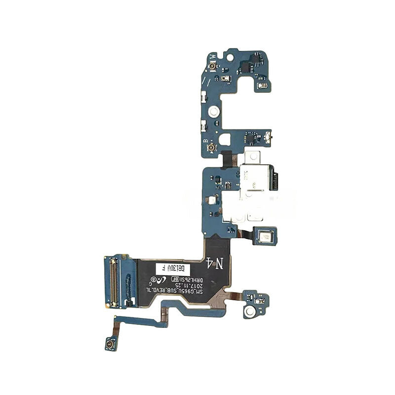 A brand new OEM Charging Port Flex Cable for Samsung Galaxy S9 Plus (G965U) by OG, featuring various electronic components and connectors on a smartphone motherboard, displayed against a white background.