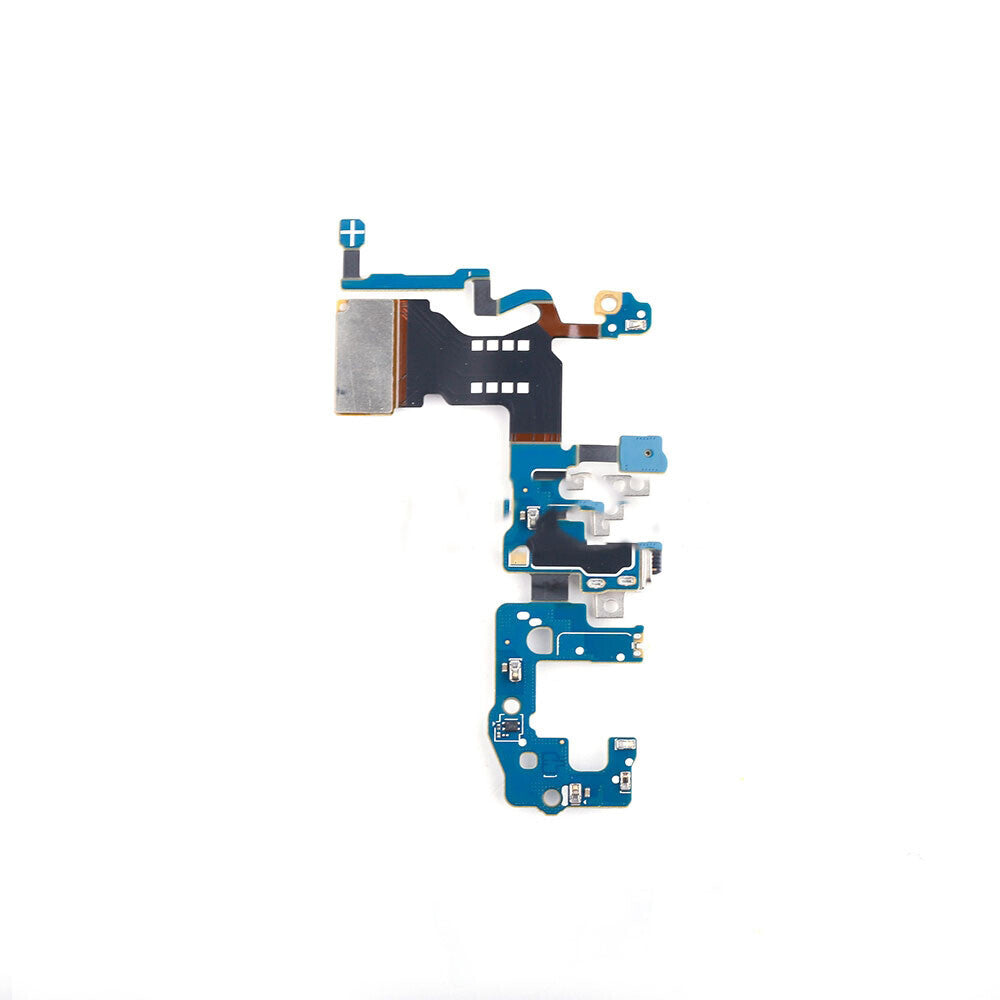 A blue and copper printed circuit board (PCB) with various small electronic components and connectors, featuring an OEM quality Charging Port Board For Samsung Galaxy S9 G960F by OG, set against a plain white background.