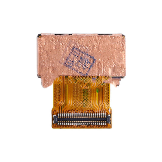 Close-up of an electronic connector with a copper-colored top and a yellow flexible circuit board beneath it, possibly from an OG Rear Camera Replacement for Huawei Ascend P9 Plus.