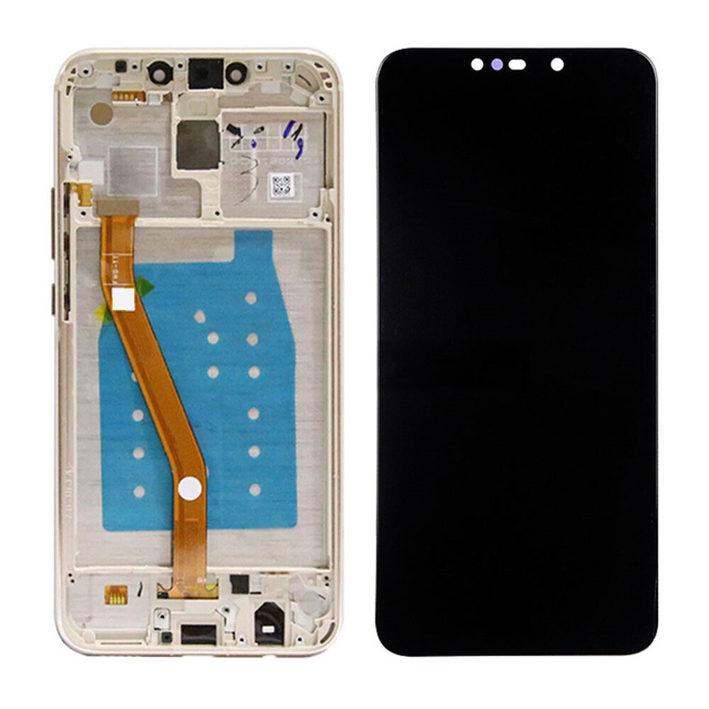 Disassembled smartphone showing the internal components separated from an intact OG Display Assembly With Frame For Huawei Mate 20 Lite (OEM Material) (Platinum Gold) next to it.