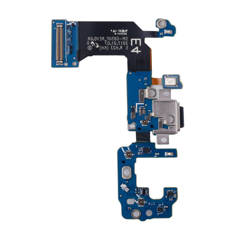 A compact blue electronic circuit board featuring a variety of components, such as connectors and chips, arranged in an irregular form. A notable characteristic is the OEM pulled Charging Port Flex Cable specifically designed for the Samsung Galaxy S8 (G950F) by OG.