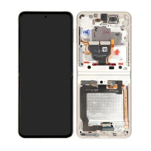 A foldable smartphone is shown in two states: the left half is fully assembled and powered off, while the right half displays the internal components with the back cover removed, showcasing how you could replace the Cirrus-link Screen Samsung Z Flip 4 Screen LCD – Black.