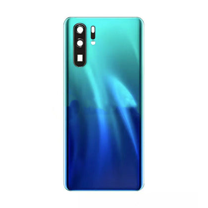 A glowing blue and green Dr.Parts Back Cover Without Logo for Huawei Ascend P30 Pro (Aurora Blue) with a sleek design featuring a vertically aligned multi-lens rear camera system.