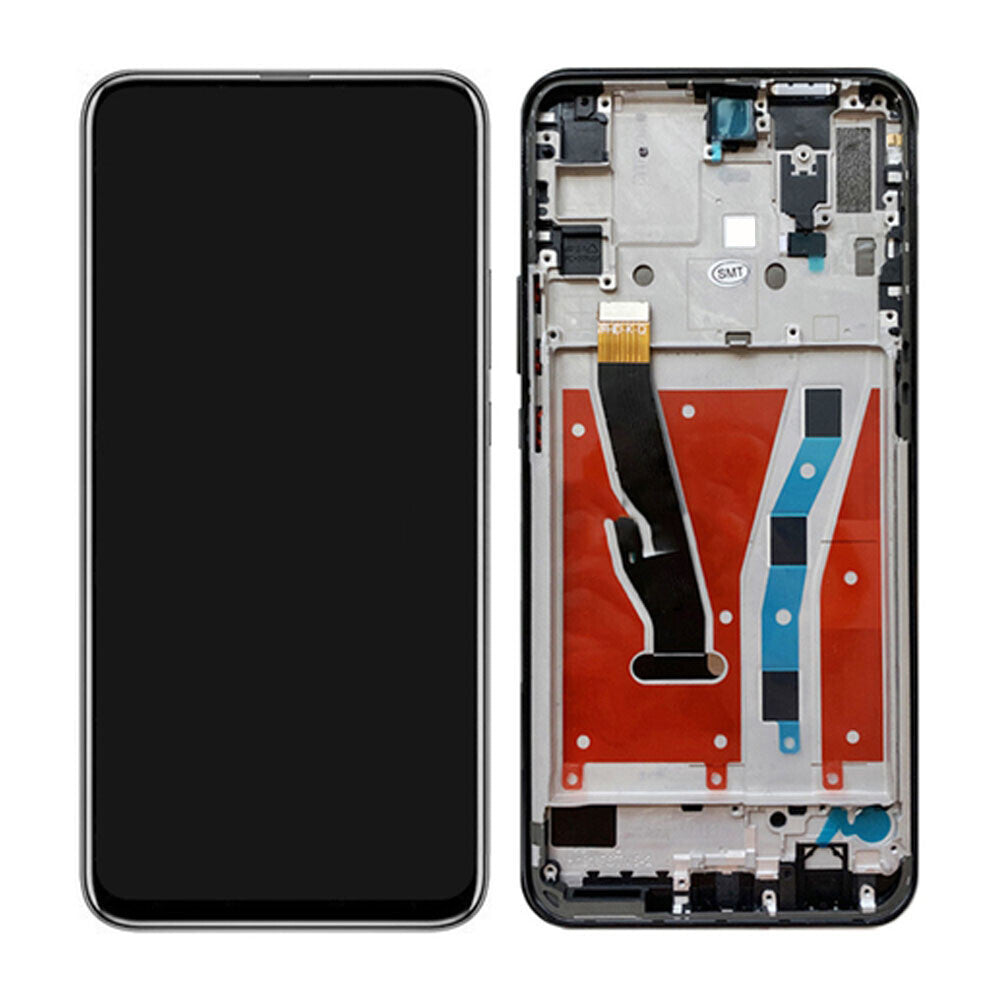 A disassembled smartphone with the screen detached and internal components exposed, shown side-by-side with an intact OG Display Assembly With Frame For Huawei Honor 9X/Y9s/P Smart Pro 2019 (Black).