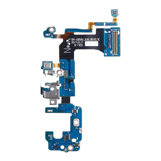 Image of a blue printed circuit board with various electronic components, connectors, and a ribbon cable attached, likely from a smartphone or small electronic device. This specific board features the OG Charging Port Flex Cable for Samsung Galaxy S8 G950U.