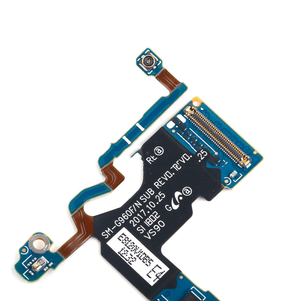 Close-up view of a circuit board with microchip and connector components, featuring an OG Charging Port Board for Samsung Galaxy S9 G960F, marked with identification codes and technical details, all boasting OEM quality.